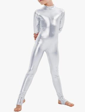 Shiny Metalic Mock Neck Unitard Long Sleeve Zipper Back One Piece Bodysuit